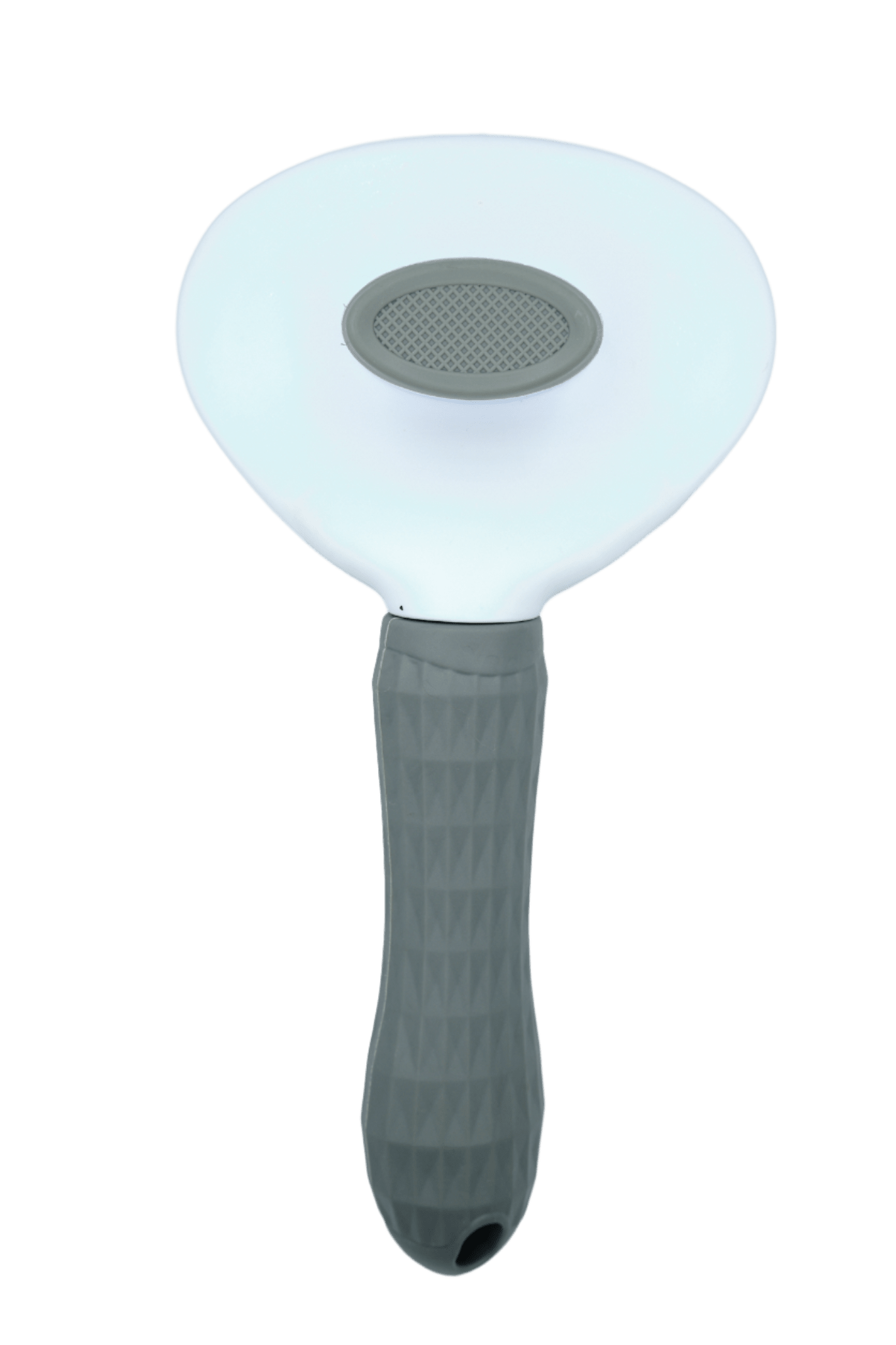 Self-cleaning cat grooming brush with oval brush face and dark grip handle