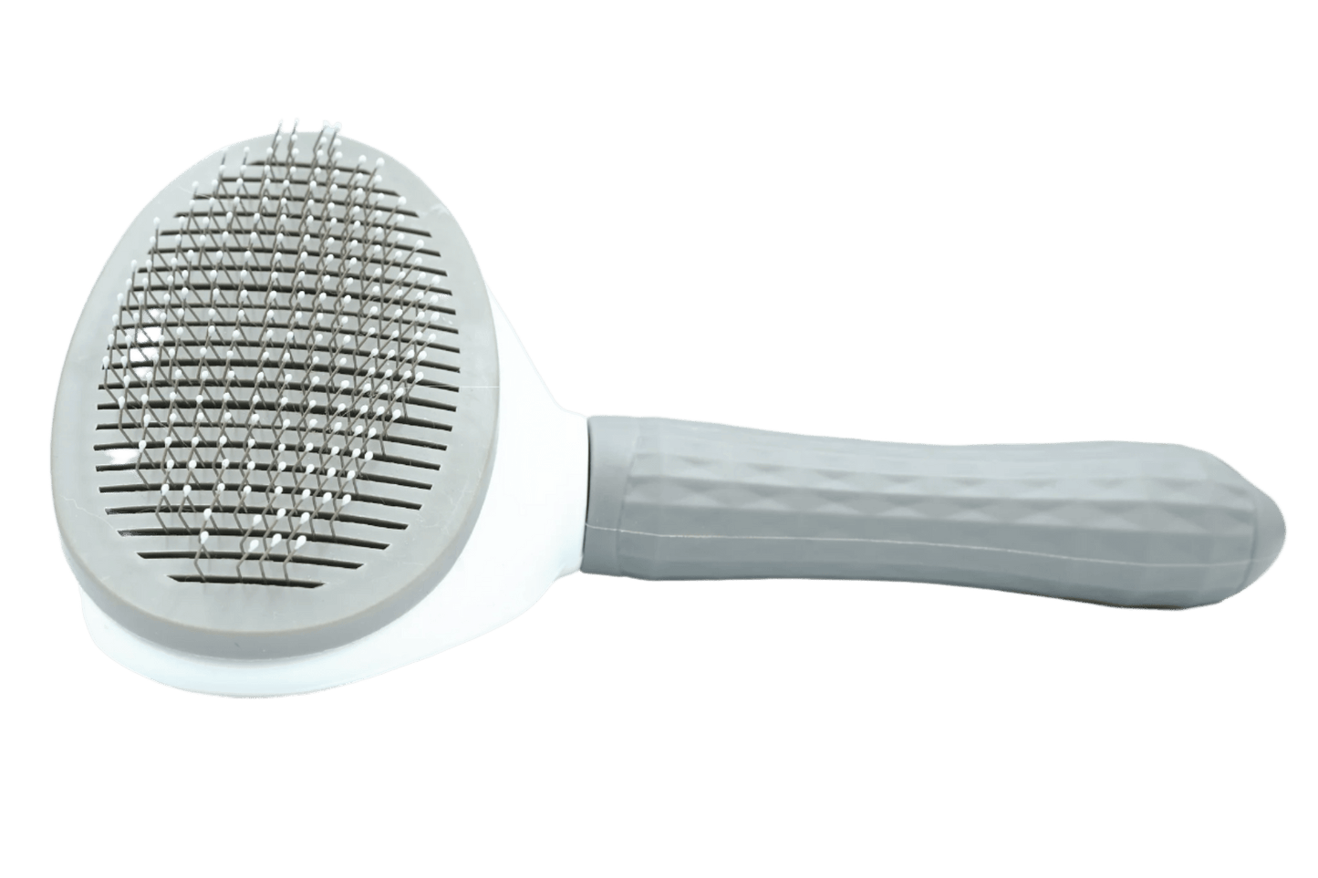 Self-cleaning cat grooming brush with circular steel-pin pad and long handle