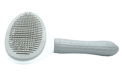 Self-cleaning cat grooming brush with circular steel-pin pad and long handle