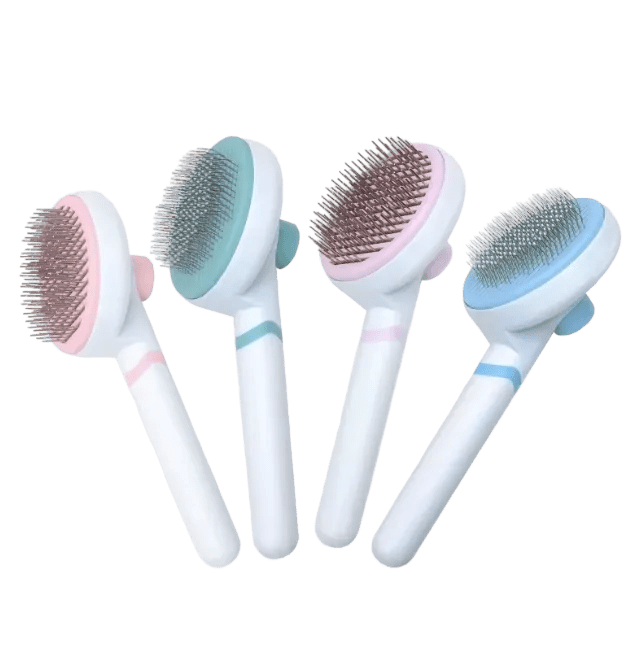 Self-cleaning pet grooming brush set with silicone bristles and white handles