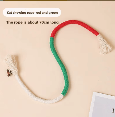 Red and green cat chew rope toy with white tassel ends
