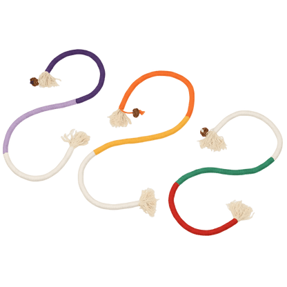 Set of cat chew rope toys with purple, orange, and red-green rope loops