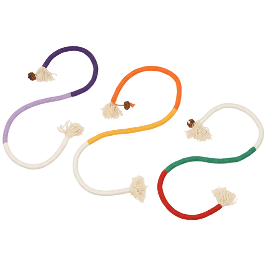Set of cat chew rope toys with purple, orange, and red-green rope loops