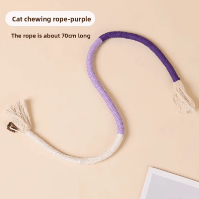 Purple cat chew rope toy with white tassel ends