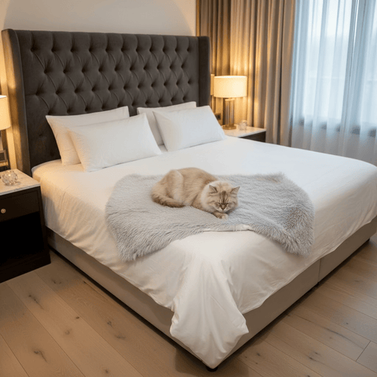 Shears Cozy Cloud light grey plush cat comforter displayed on a bed