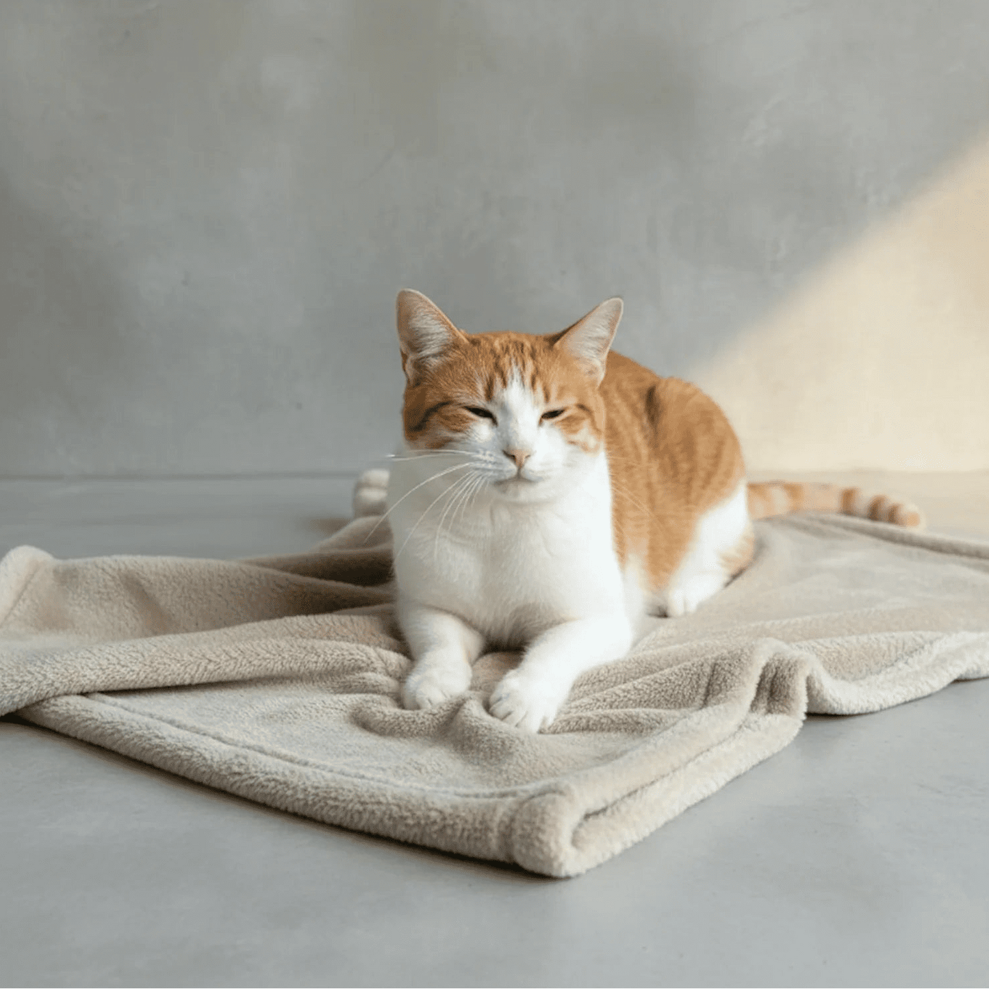 Orange tabby and white cat resting on a light stone Shears Premium Double Fleece pet blanket