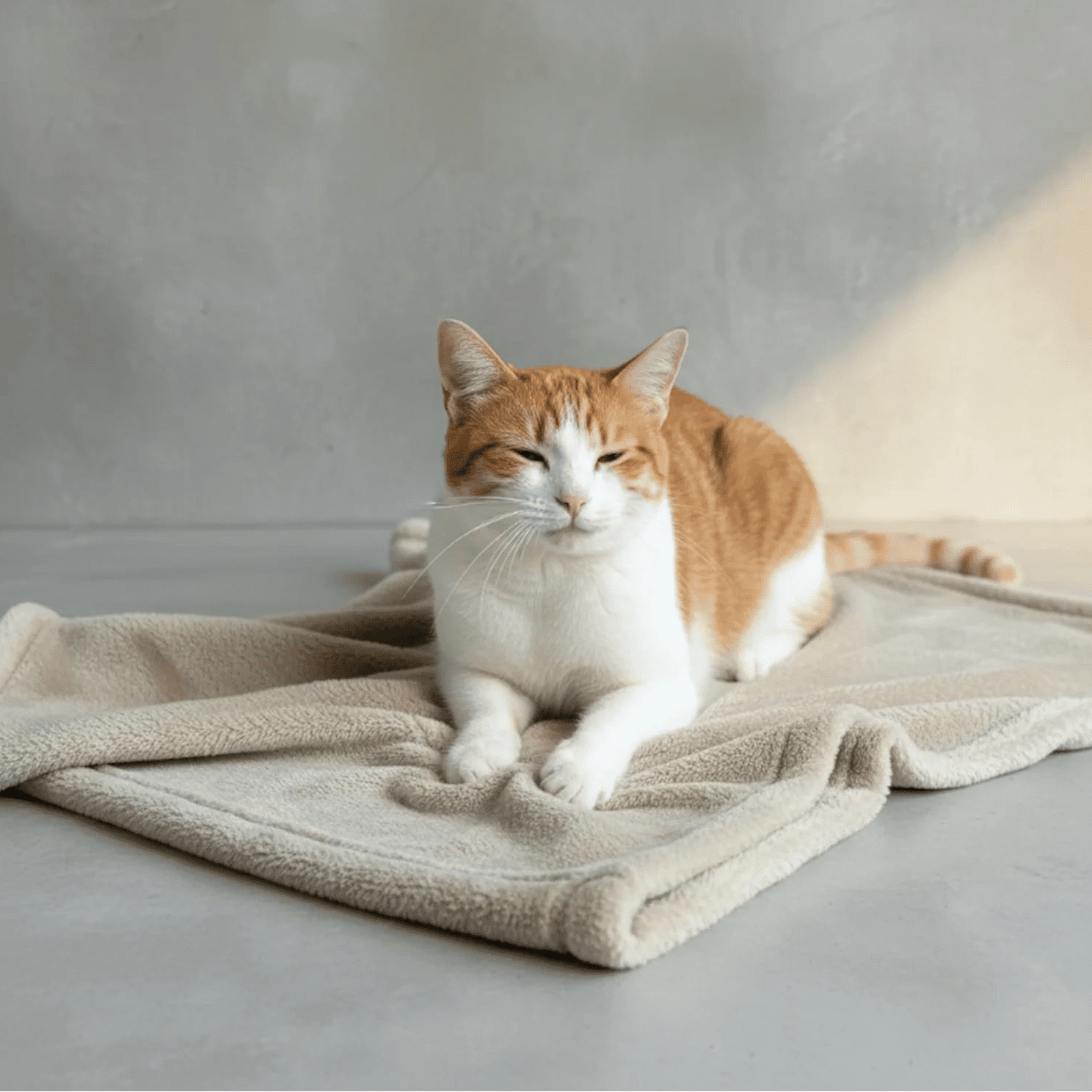 Orange tabby and white cat resting on a light stone Shears Premium Double Fleece pet blanket