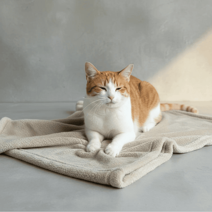 Orange tabby and white cat resting on a light stone Shears Premium Double Fleece pet blanket