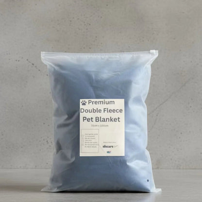 Packaged Shears Premium Double Fleece pet blanket in a clear plastic bag
