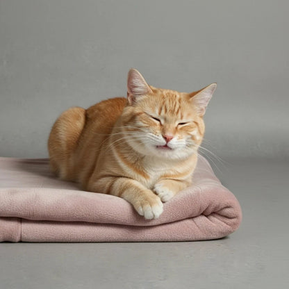 Shears Premium Double Fleece pet blanket, blush pink, with cat sitting on folded plush
