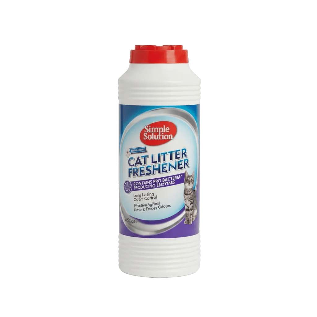 Simple Solution cat litter freshener bottle, front label visible; white bottle with red cap