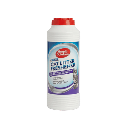Simple Solution cat litter freshener bottle, front label visible; white bottle with red cap