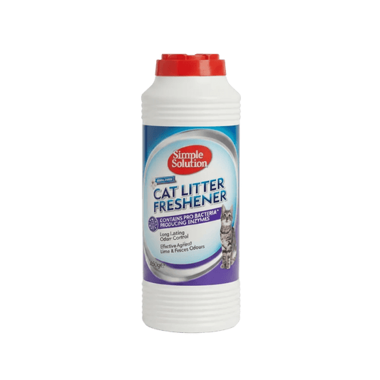 Simple Solution cat litter freshener bottle, front label visible; white bottle with red cap