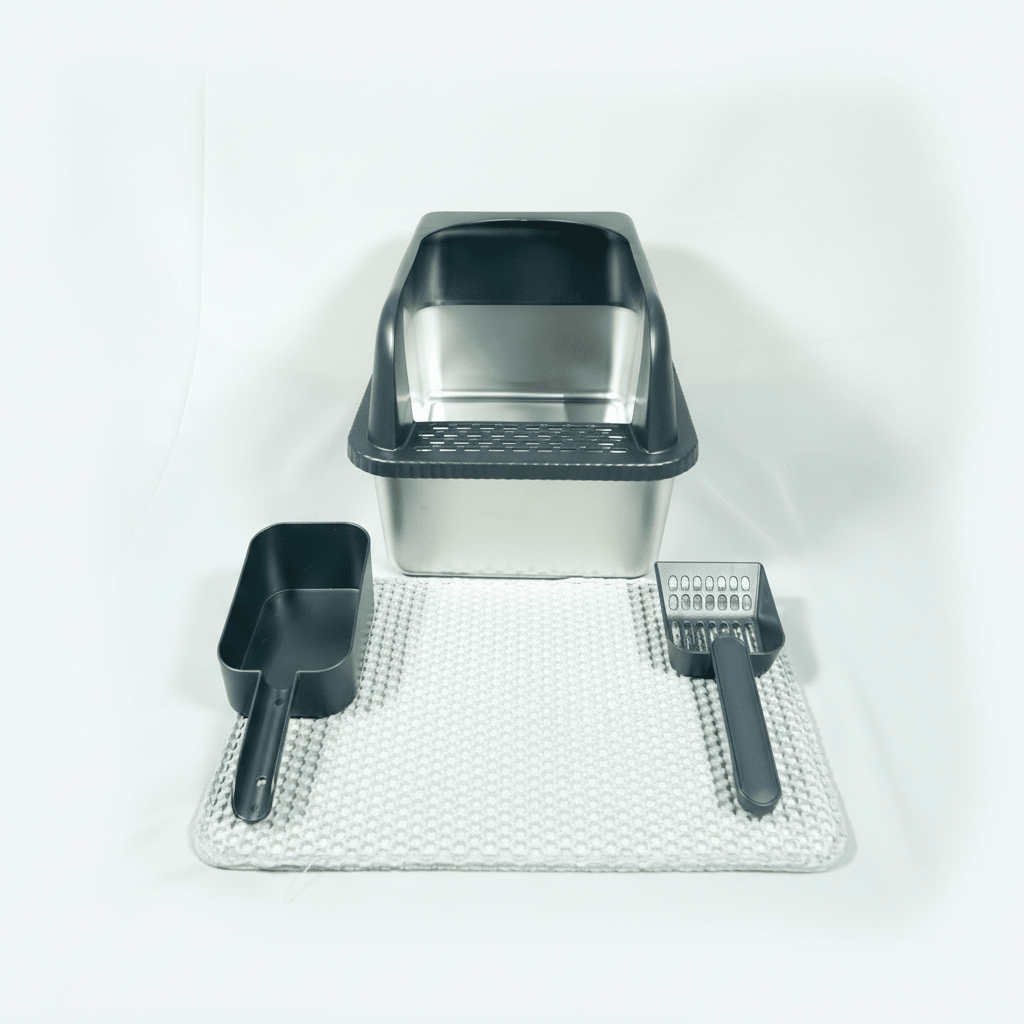 Black cat litter box with scoop and textured mat for catching litter.