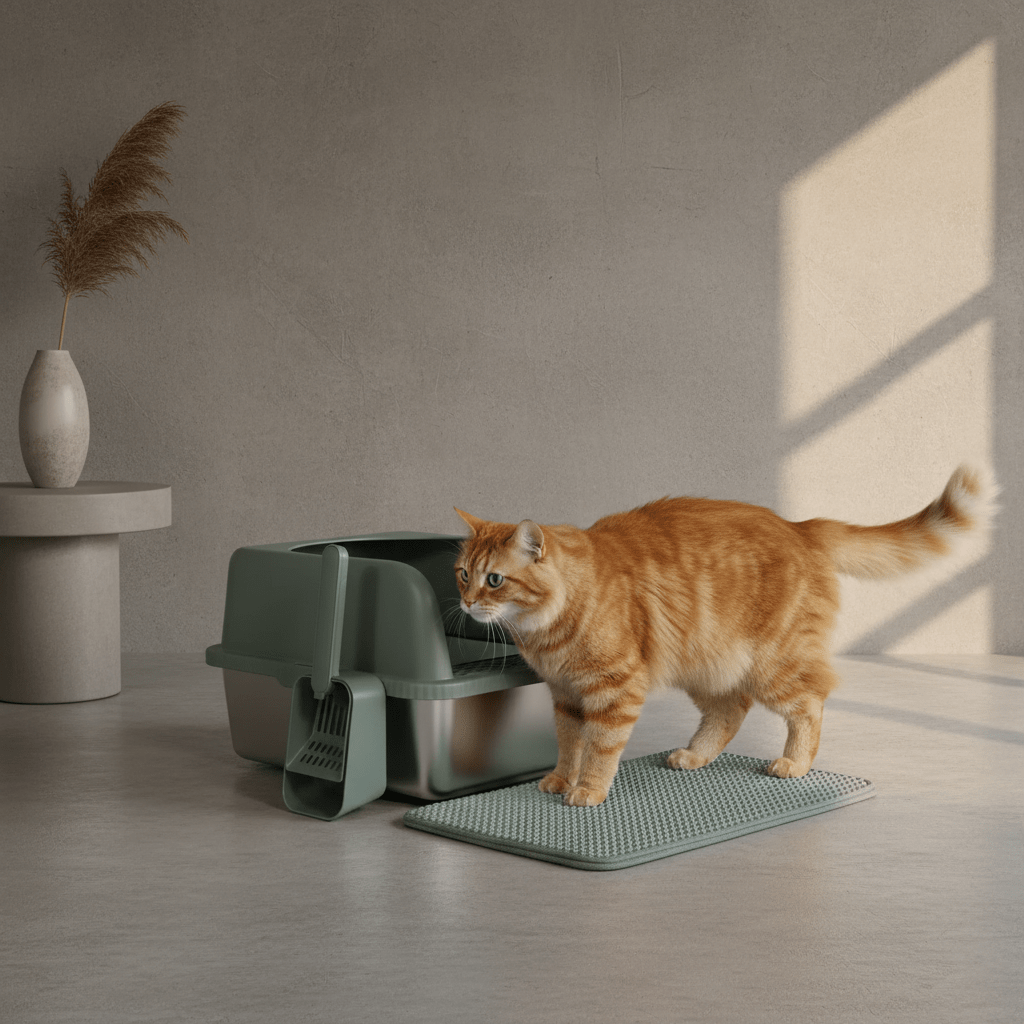 Dark green high-wall cat litter box with scoop and textured anti-slip mat