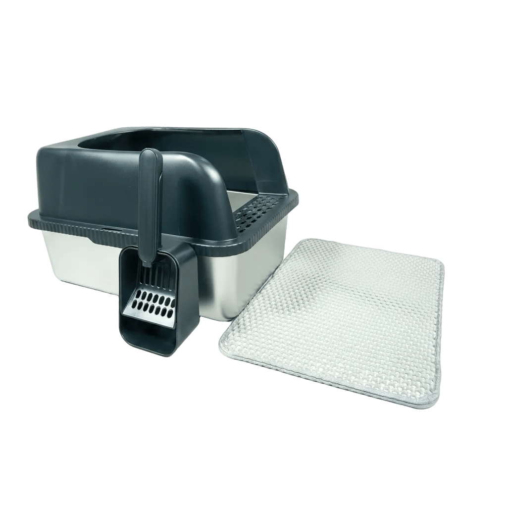 Black cat litter box with high walls, scoop attachment, and textured litter mat.