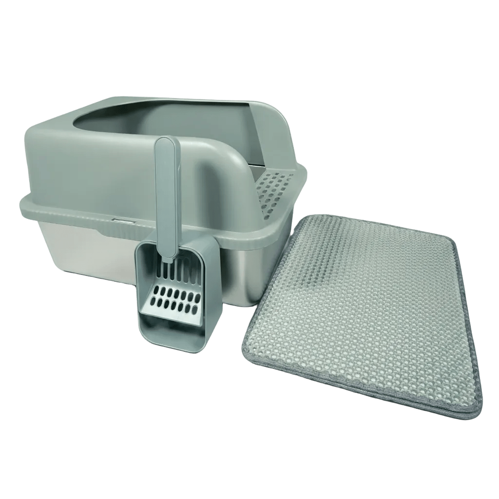 Soft-grey cat litter box with scoop attachment and textured litter mat for tracking control.
