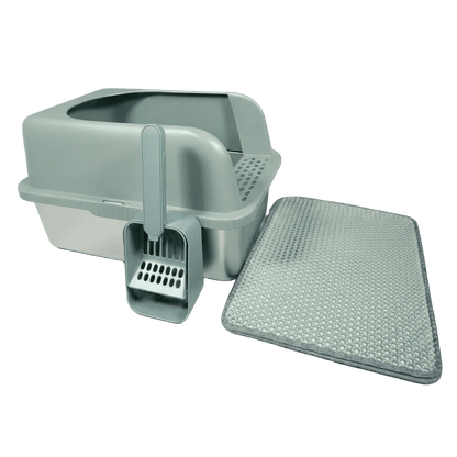 Soft-grey cat litter box with scoop attachment and textured litter mat for tracking control.