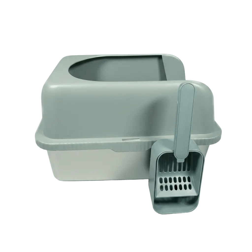 Soft-grey cat litter box with high walls and attached scoop with slotted face.
