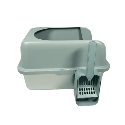 Soft-grey cat litter box with high walls and attached scoop with slotted face.