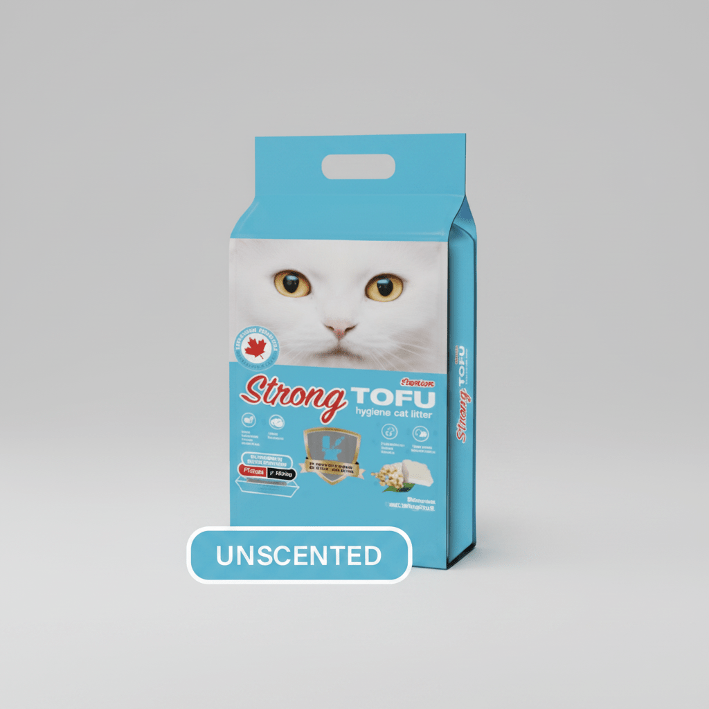 Tofu cat litter bag, unscented, blue package with cat face and handle