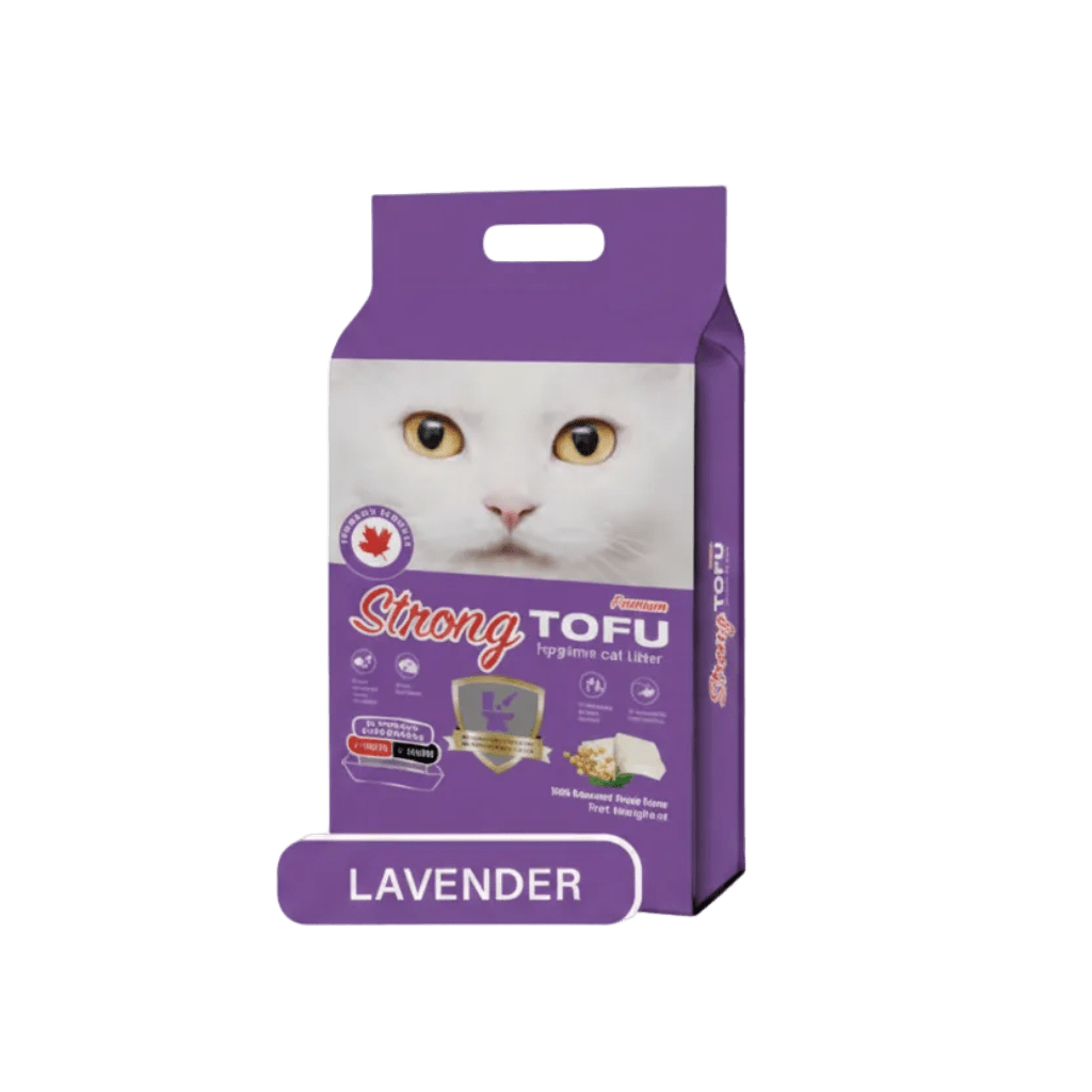 Tofu cat litter bag, lavender scent, purple package with cat face and handle