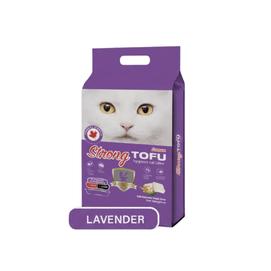Tofu cat litter bag, lavender scent, purple package with cat face and handle