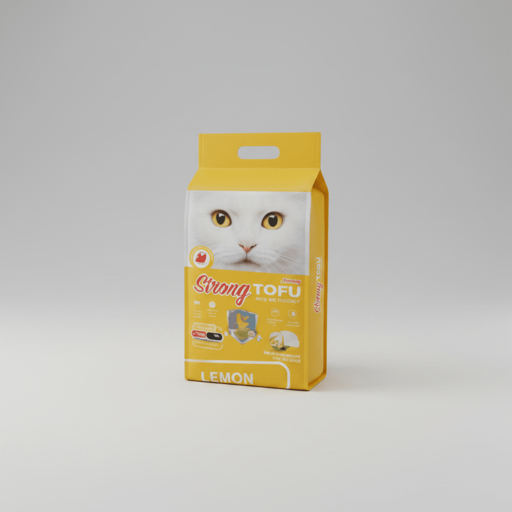 Tofu cat litter bag, lemon scent, yellow package with cat face and handle