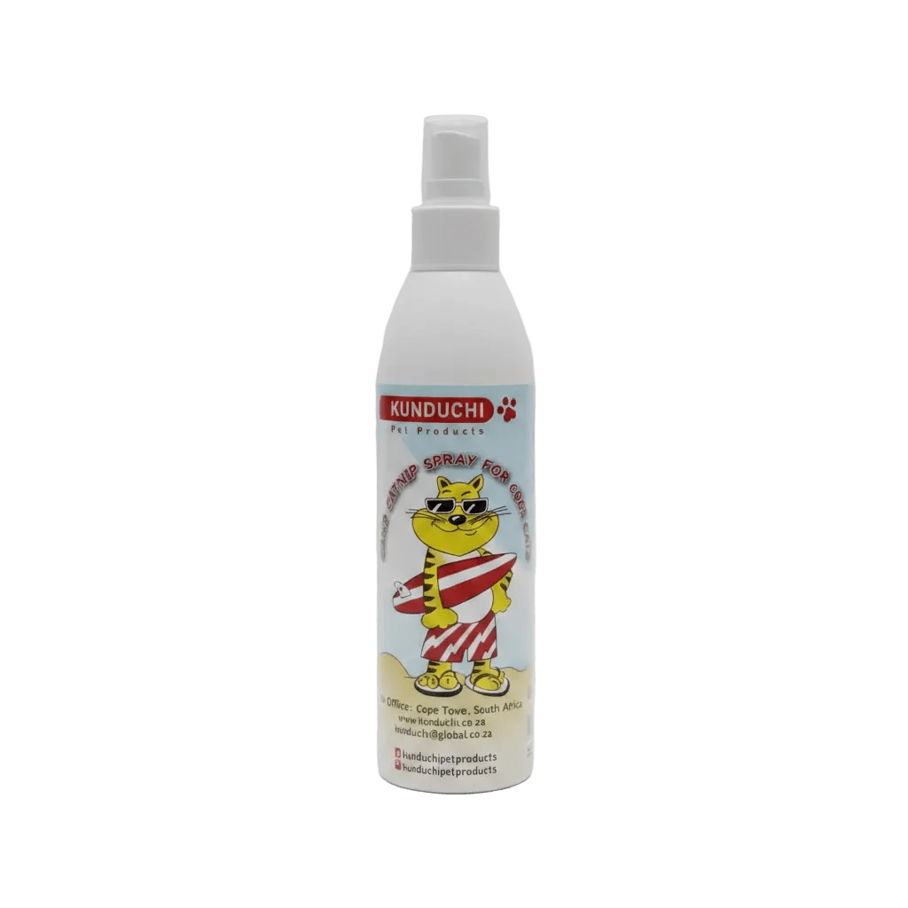 Catnip spray bottle with white pump and front label, KUNDUCHI brand.