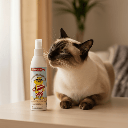Catnip spray bottle with white pump beside a sitting cat, KUNDUCHI label visible.