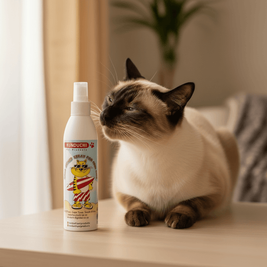 Catnip spray bottle with white pump beside a sitting cat, KUNDUCHI label visible.