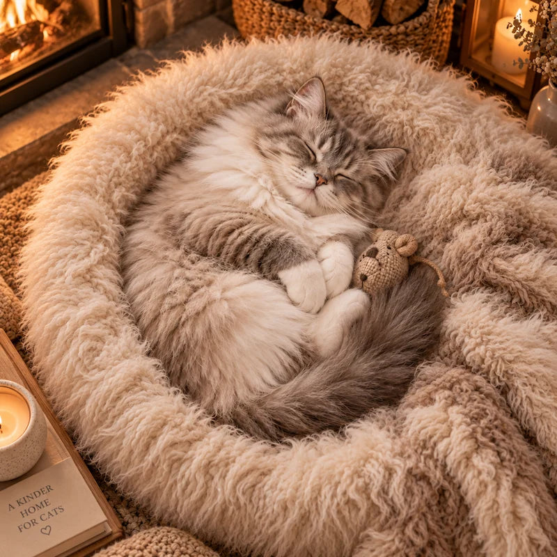 Fluffy cat curled up asleep in a cosy bed beside a fireplace