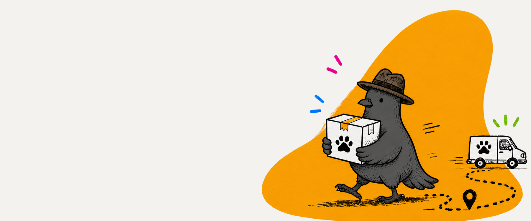 Tony the expressionless charcoal pigeon delivering an Apartment Cat parcel