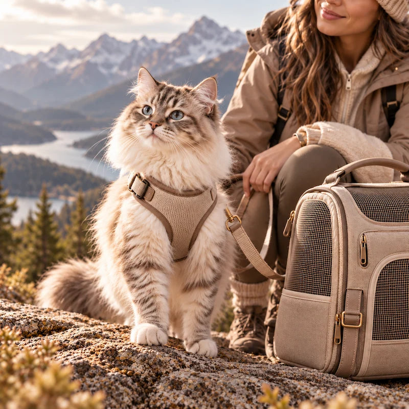 Cat wearing a harness beside a carrier on an outdoor adventure