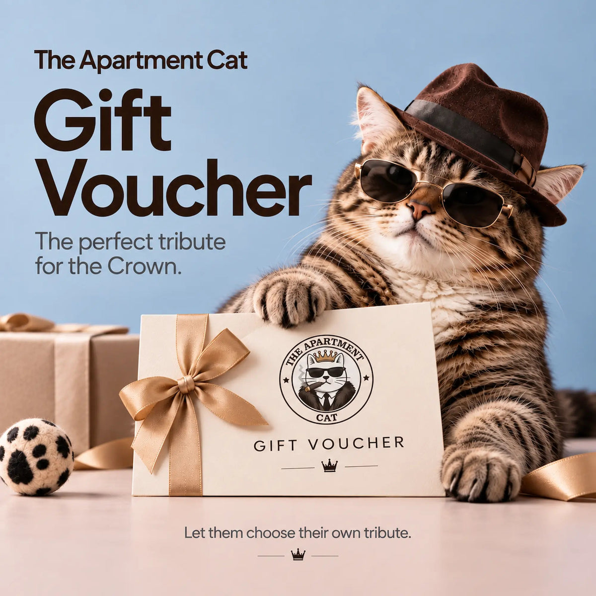 Gift voucher card with bow and Apartment Cat logo, plus cat in hat