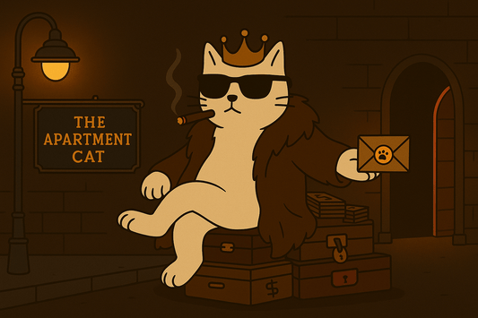 Cartoon cat gift voucher card with envelope and money boxes illustration
