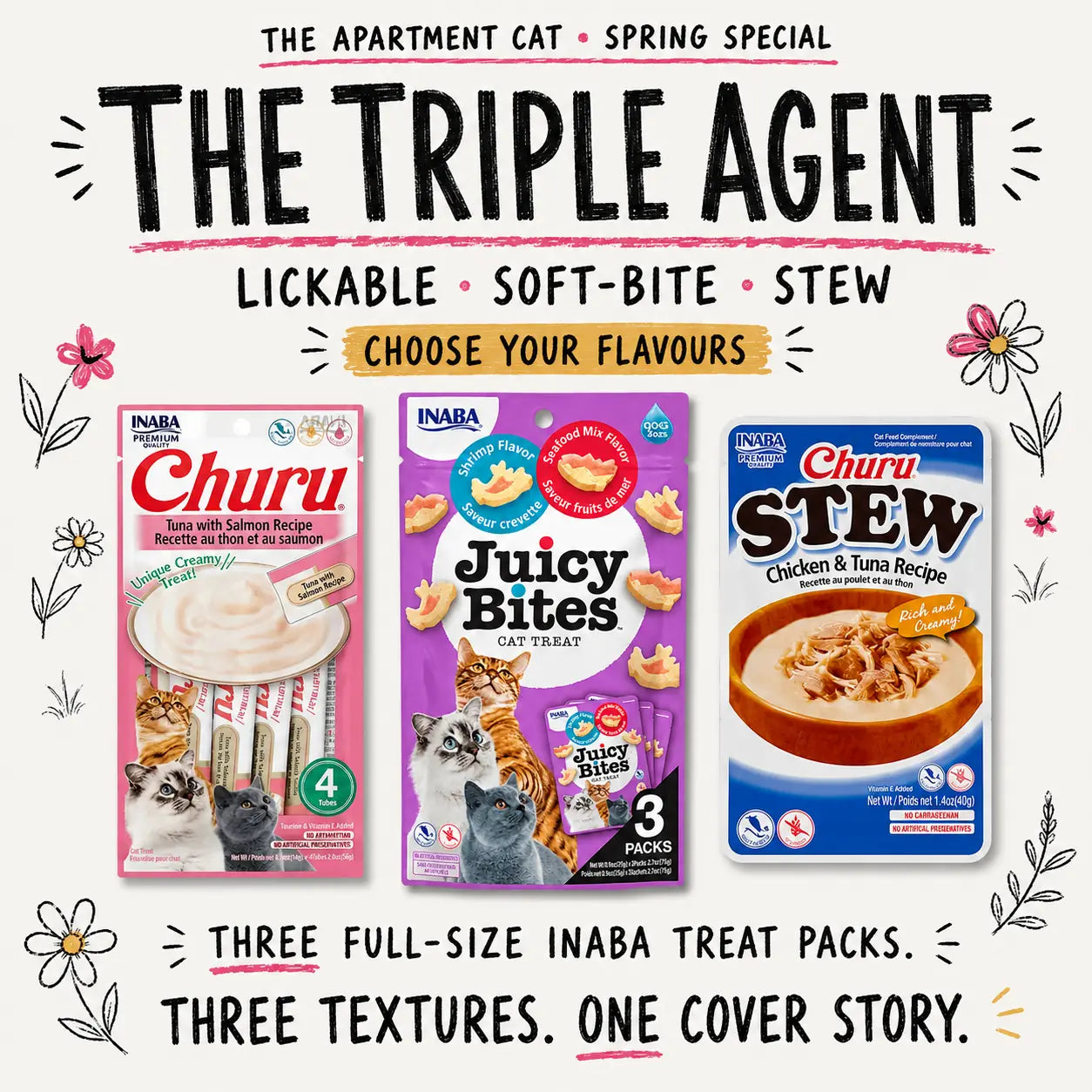 INABA Triple Agent treat bundle with Churu, Juicy Bites and Churu Stew on an ivory spring doodle background.