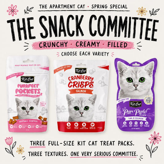 Kit Cat Snack Committee treat bundle with Purrfect Pockets, Cranberry Crisps and Purr Puree Plus on an ivory spring doodle background.