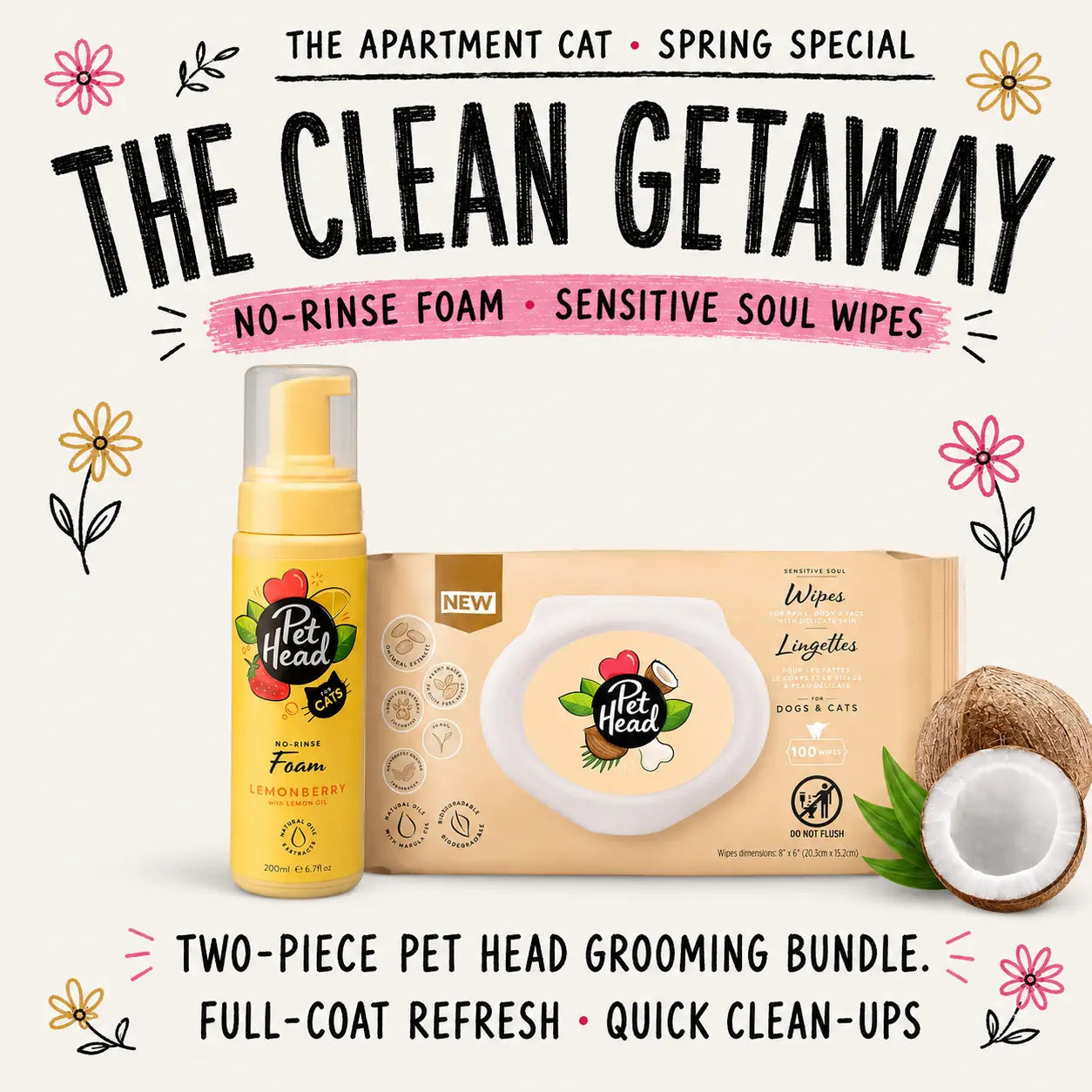 Pet Head Clean Getaway cat grooming bundle with Felin’ Good No-Rinse Foam and Sensitive Soul Wipes on an ivory spring doodle background.