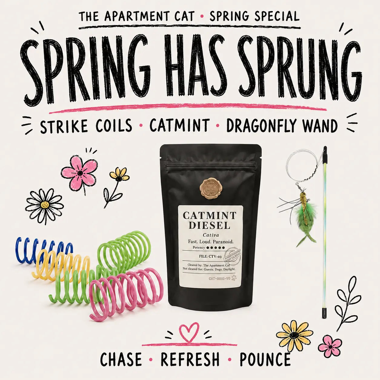 Spring Has Sprung cat toy bundle with Strike Coils, Catmint Diesel and AFP Dragonfly Wand on an ivory spring doodle background.