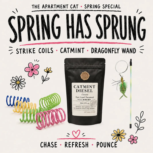 Spring Has Sprung cat toy bundle with Strike Coils, Catmint Diesel and AFP Dragonfly Wand on an ivory spring doodle background.