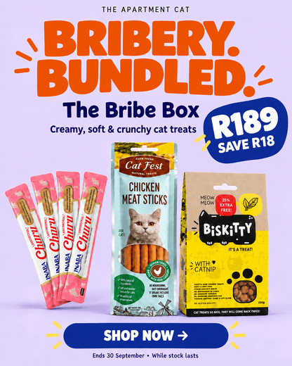 The Bribe Box spring special with INABA Churu, Cat Fest meat sticks and Biskitty Catnip treats, R189 and save R18.