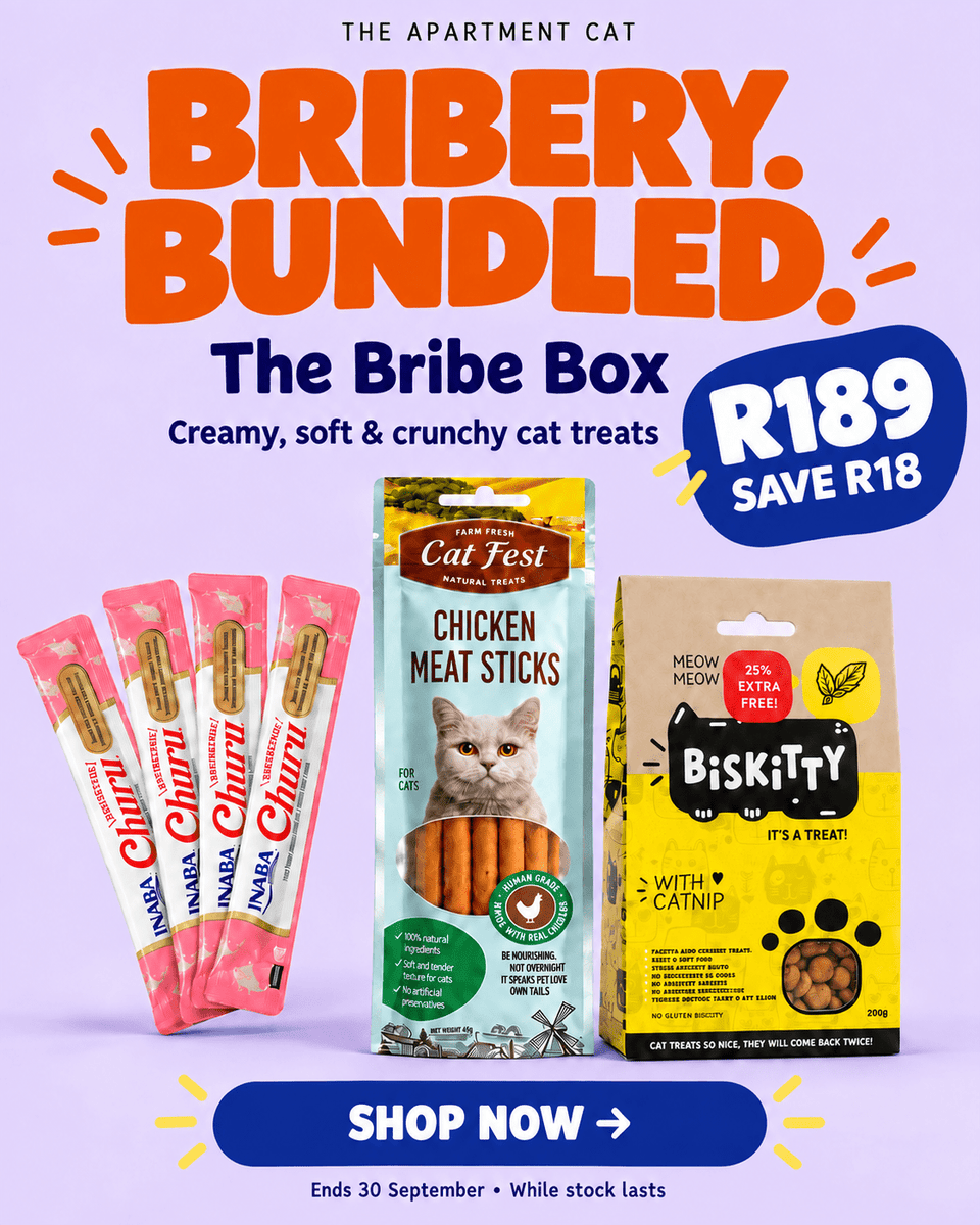 The Bribe Box spring special with INABA Churu, Cat Fest meat sticks and Biskitty Catnip treats, R189 and save R18.