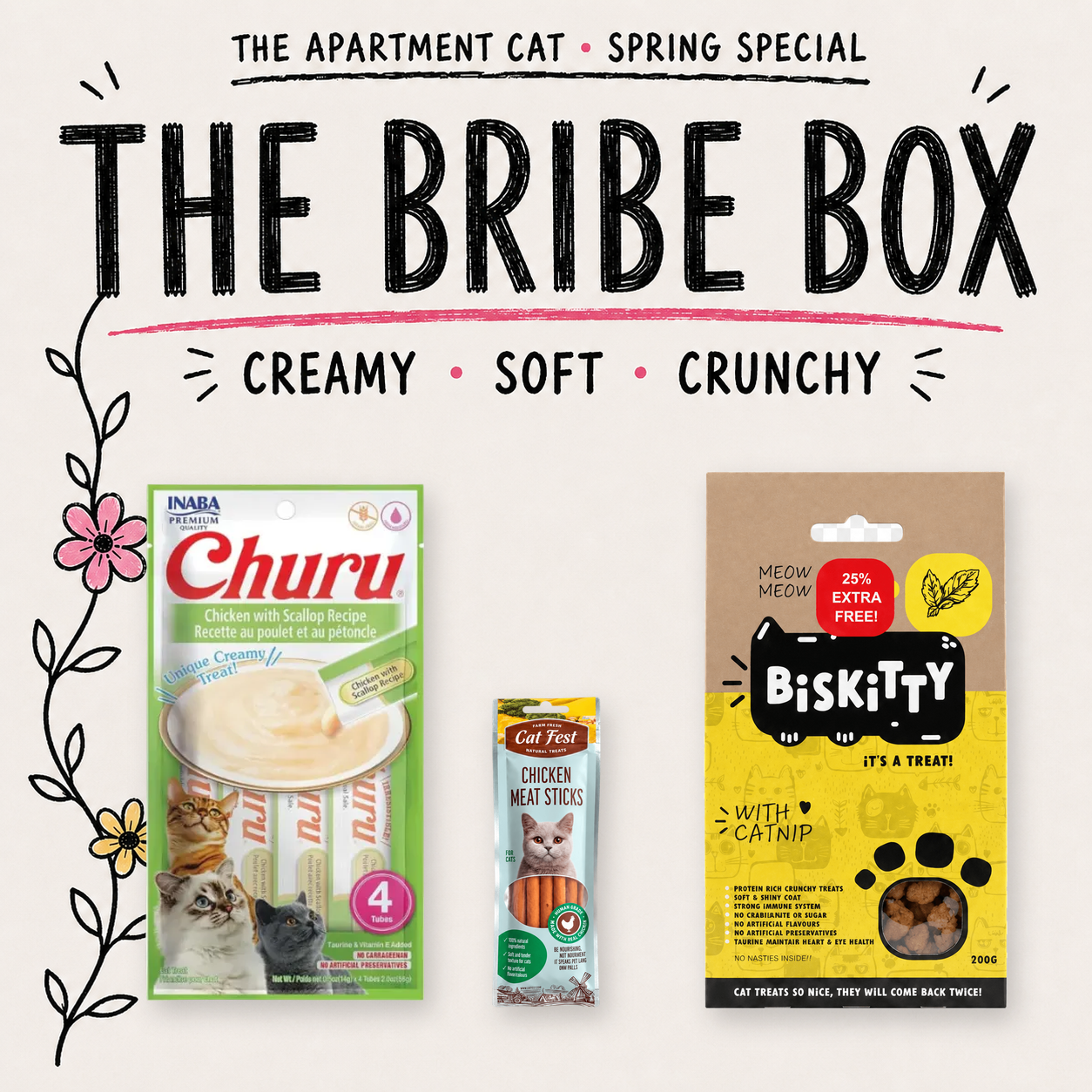 The Bribe Box creamy soft and crunchy treats with Biskitty Catnip spring special