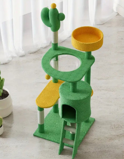 Cactus-shaped cat tree tower with round perch, cubby condo, and scratching posts