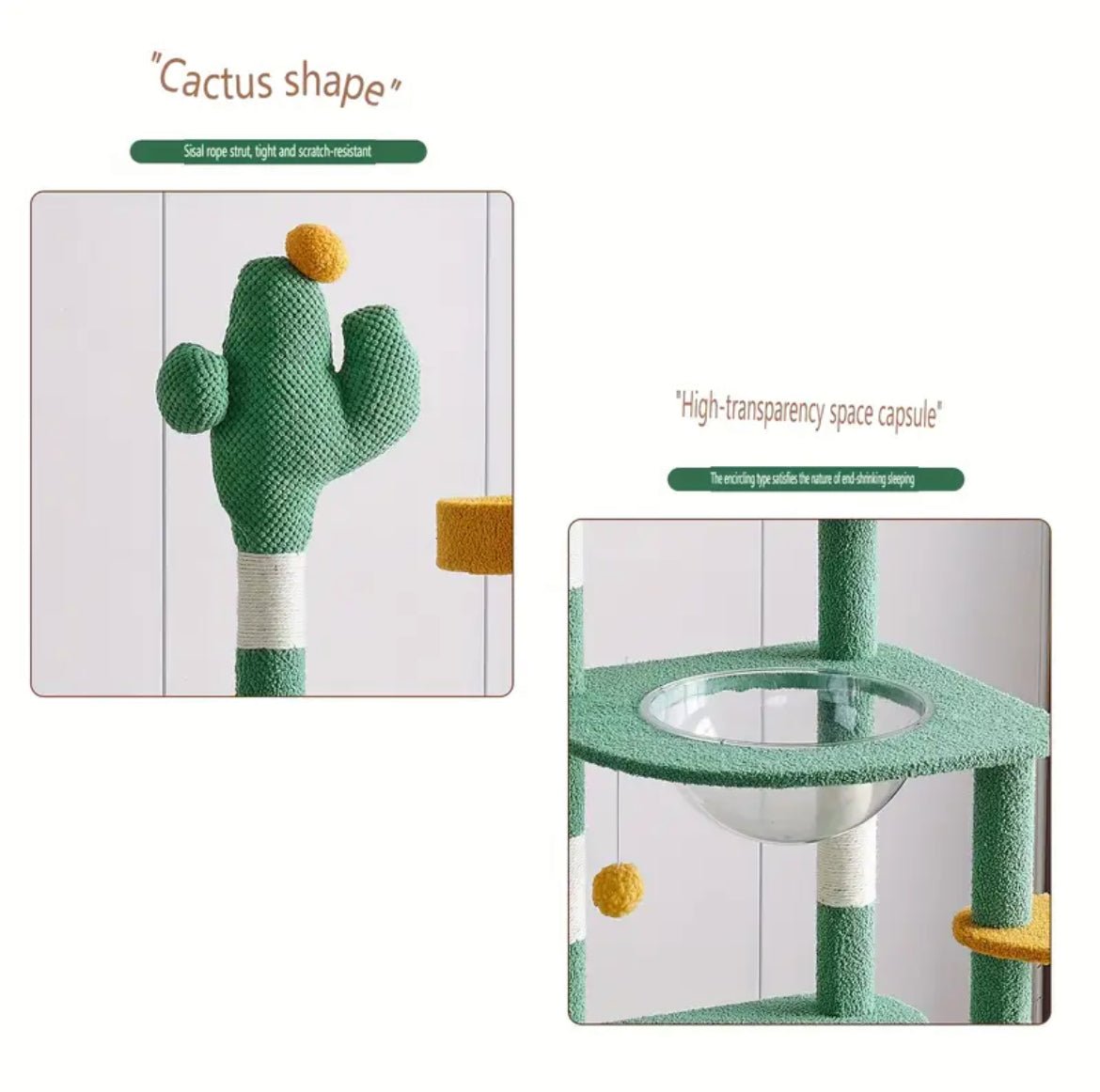 Cactus-shaped cat tree diagram with cactus posts, capsule-style condo, and ring perch