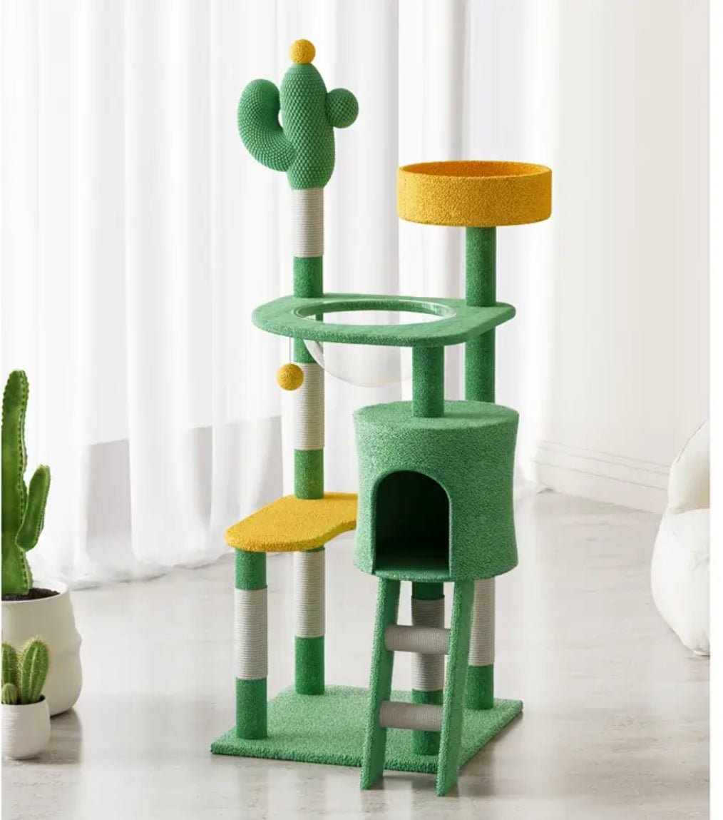 Cactus cat tree with top yellow-rim perch, ring platform, and side entrance condo