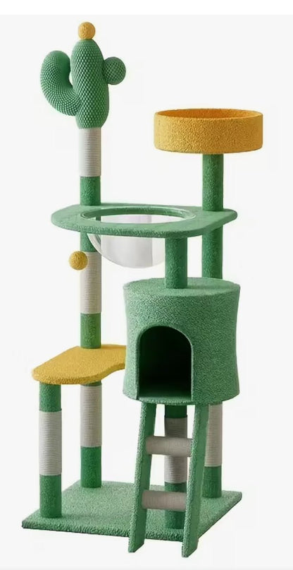 Cactus cat tree with top perch, round ring platform, and front dark green condo