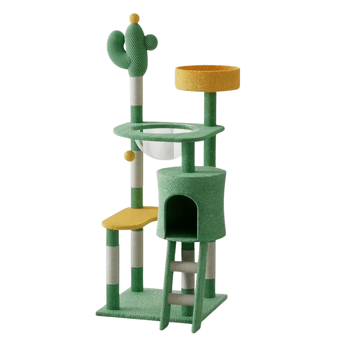 Cactus-shaped cat tree tower with yellow platforms, top perch, and side condo