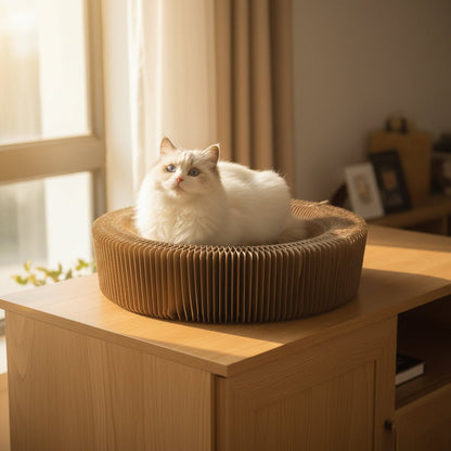 Foldable cardboard cat scratch lounge bed with round corrugated design, cat inside